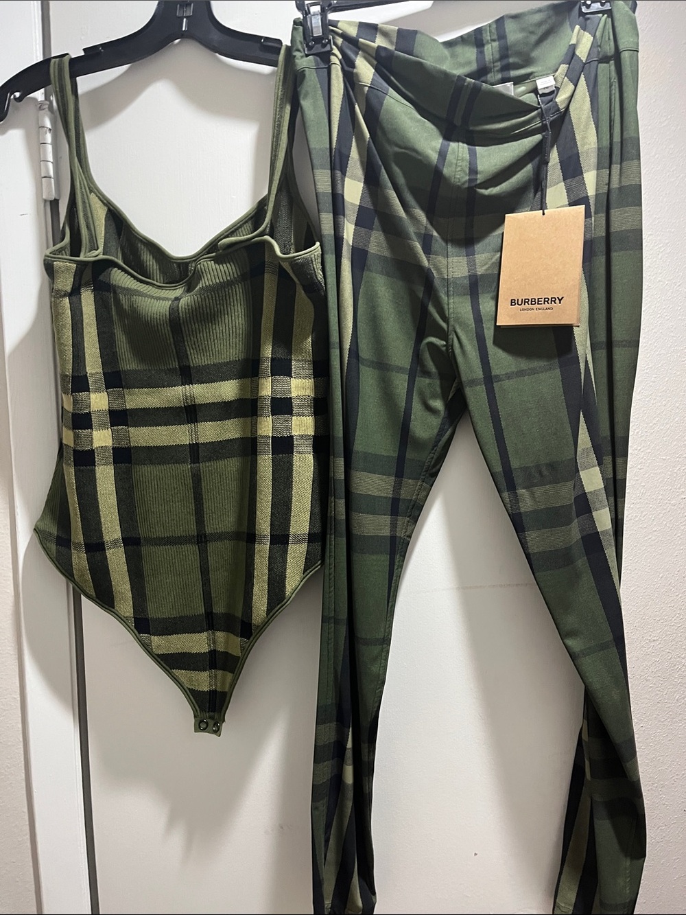 Burberry Olive Green Plaid Leggings and Bodysuit Set